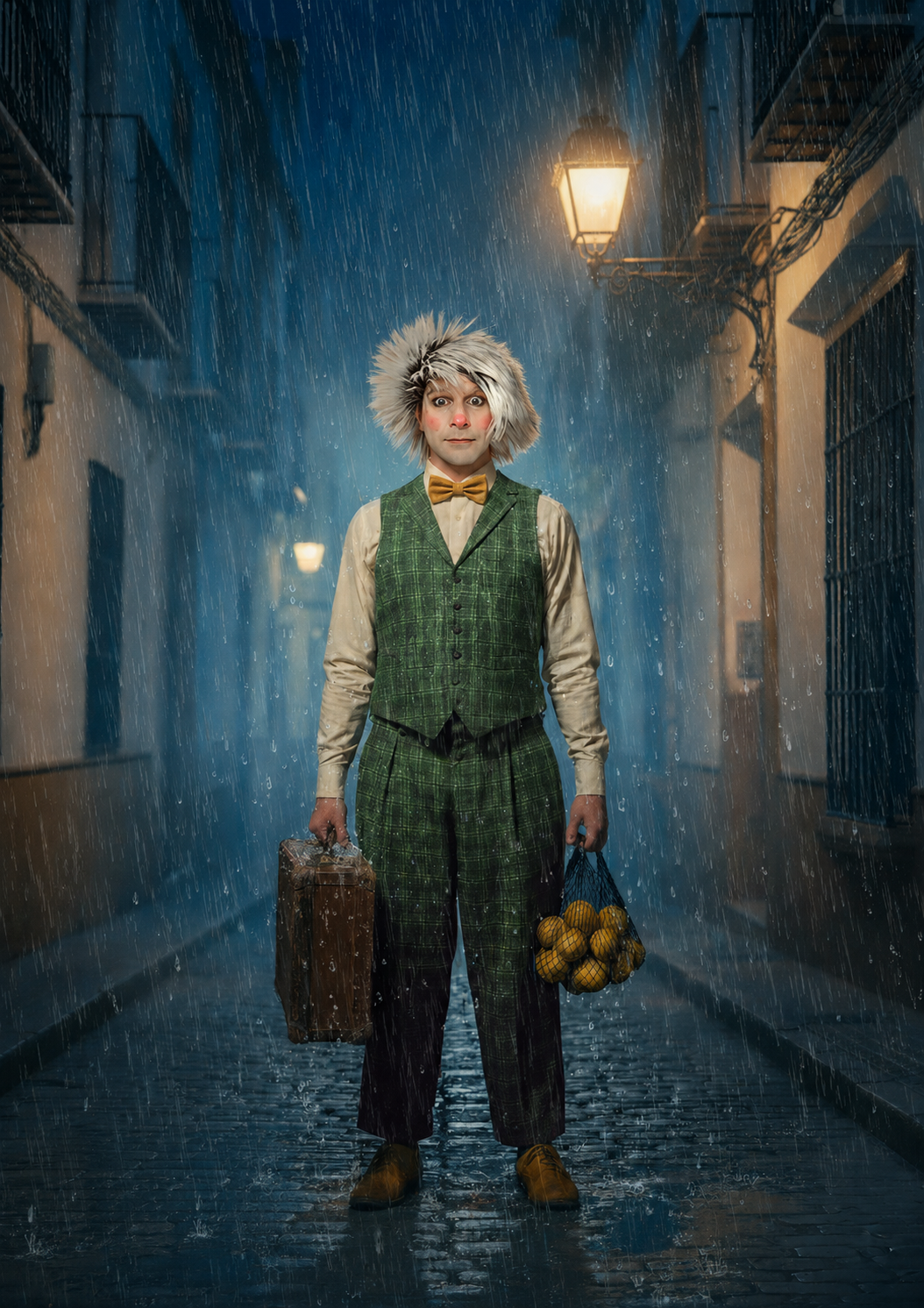 Lemmön bajo la lluvia con una maleta y una bolsa de limones